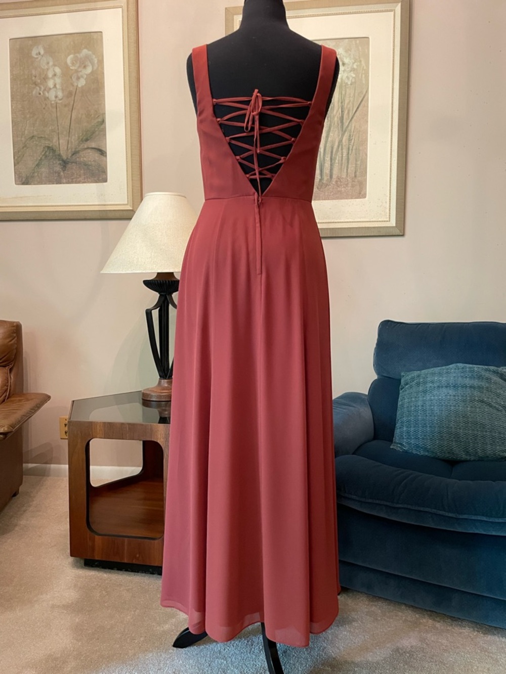 David’s Bridal Chiffon Cinnamon Square Neckline Lace Up Back Dress With Pockets - Picture 3 of 12